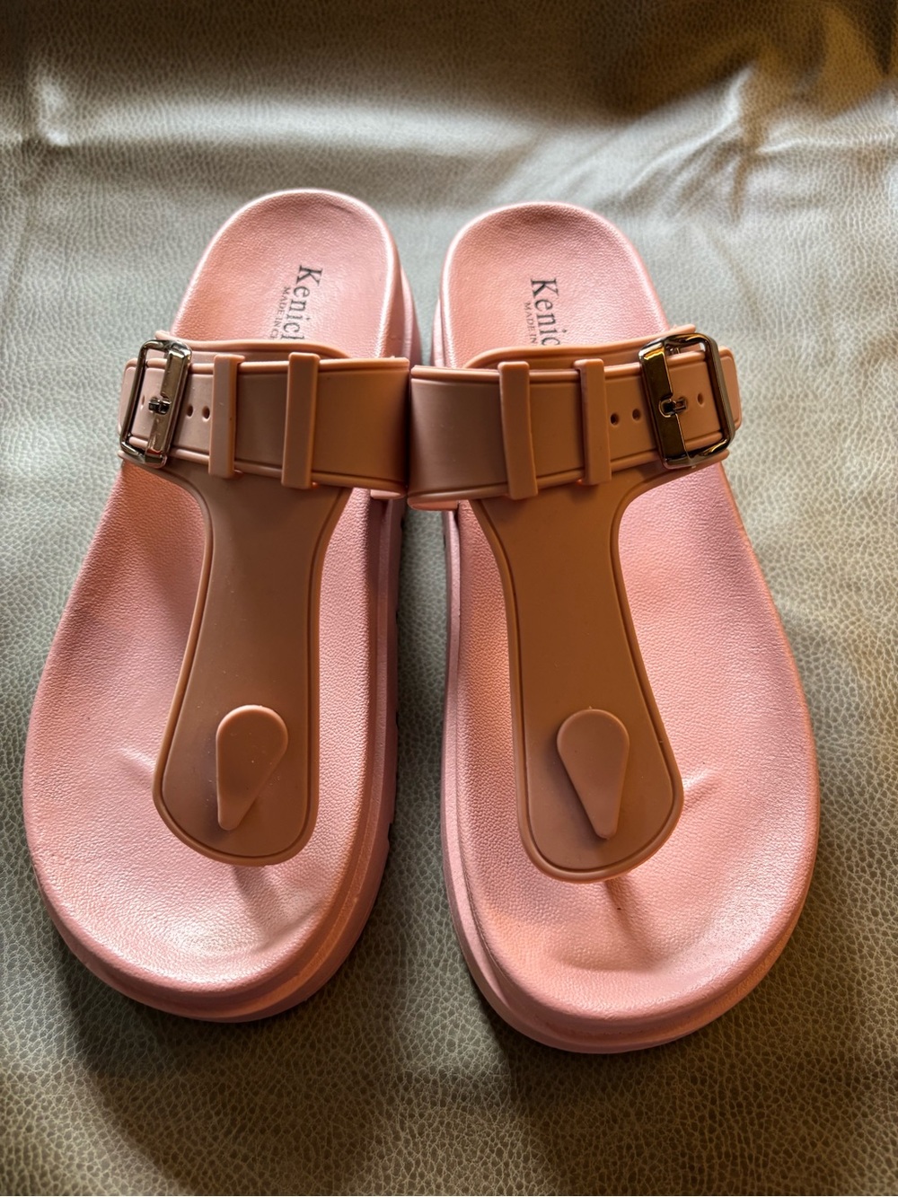 Pink T-strap Buckle Slide Sandals